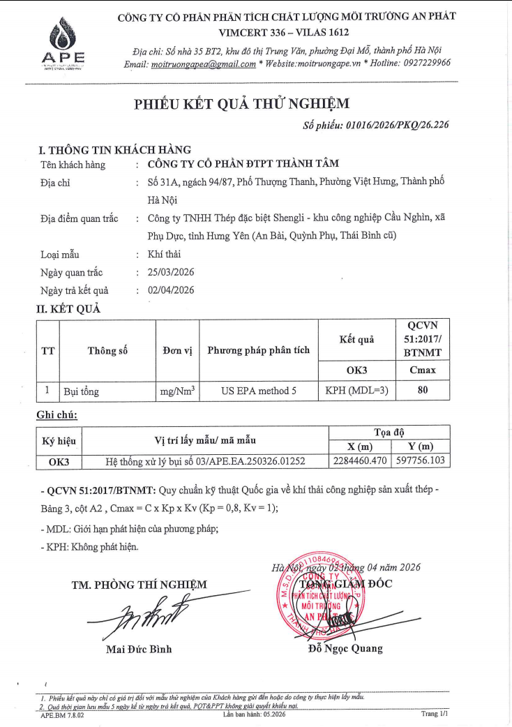 KẾT QUẢ QUAN TRẮC ĐỊNH KỲ QUÝ I.2026 CUA ỐNG KHÓI 3